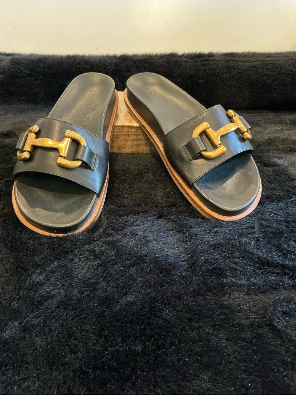 Boden Iris Snaffle Black Leather Slide Sandals with Gold Hardware Size 40